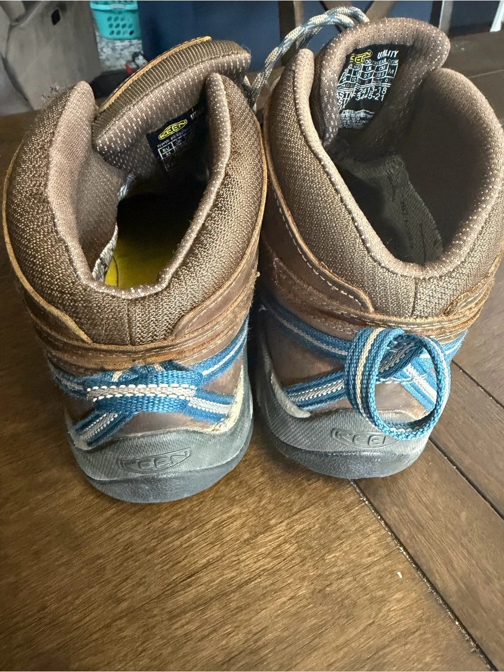 Keen Brown Leather Steel Toe Hiking Boots with Blue Accents